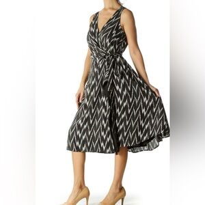 Ann Taylor Dress Women 0 P Wrap Green Black Ikat Waist Tie Sleeveless V
